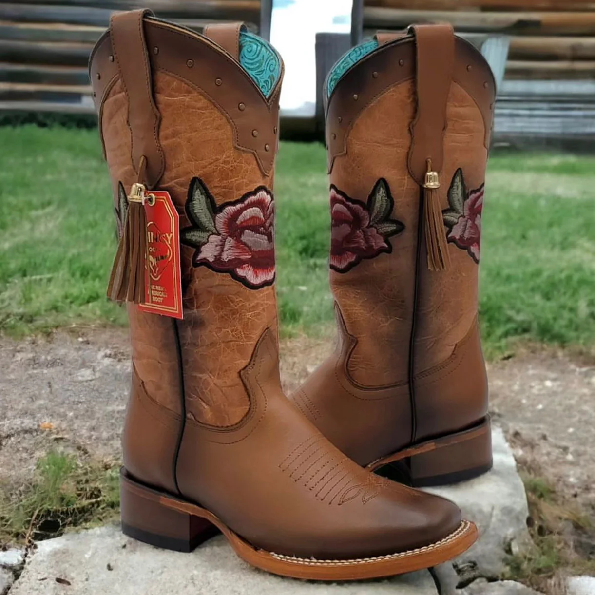 Honey Flowered Cowgirl Boots Square Toe