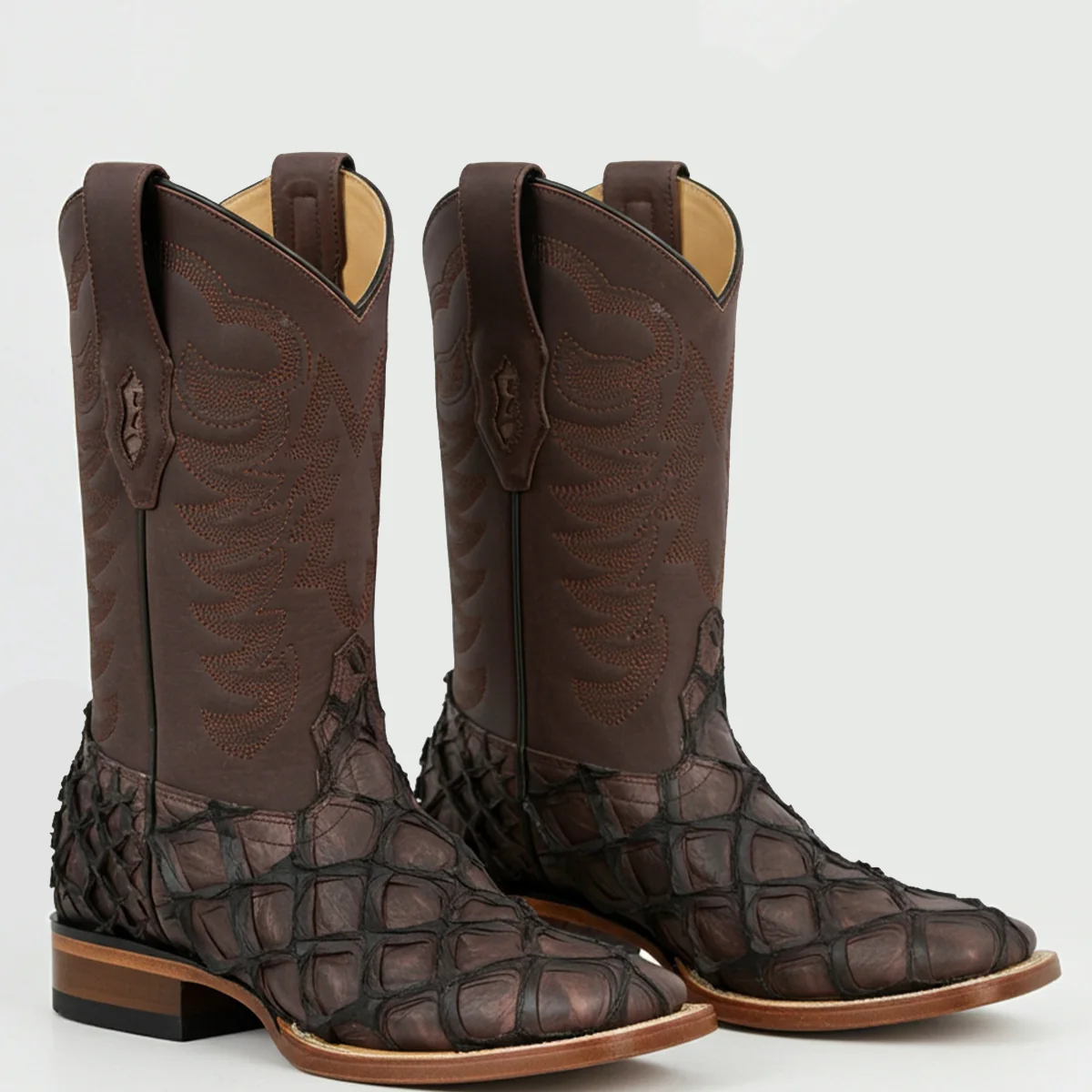 Tobacco Brown Pirarucu Boots Square Toe