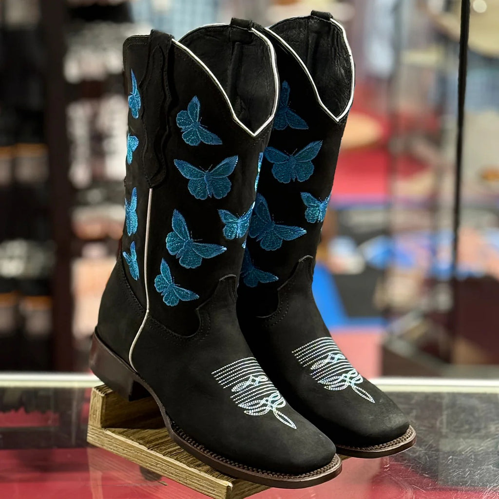 Blue Butterfly Cowgirl Boots Square Toe